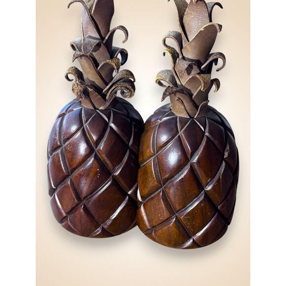 Vintage Pineapple Wood and Leather Bookends Set of 2 Mid Century Tropical Decor - Picture 11 of 12